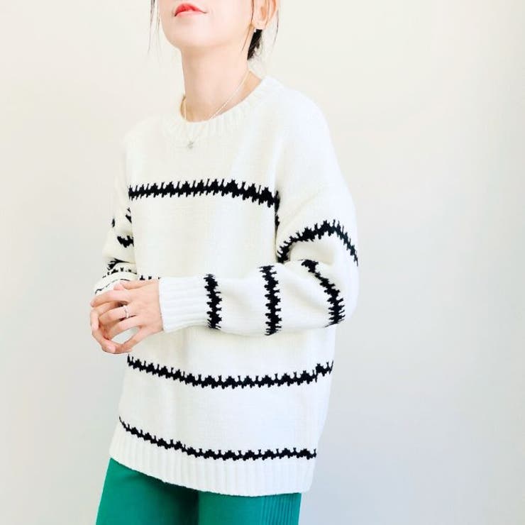 TOKOHANA ニットトップス ボーダー柄 ストライプ柄 ゆったり 大きめ カジュアル 厚手 白 黒 長袖 暖かい 秋 冬 韓国 レディース メンズ トップス