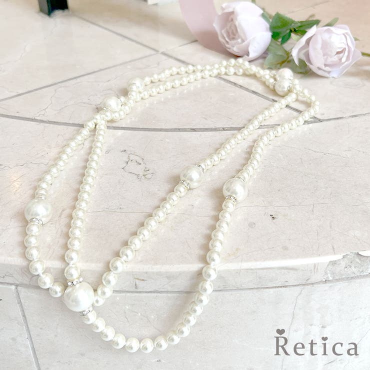 Retica 大小パール×ビジュ2連ロングネックレス 二連ネックレス パールネックレス 結婚式アクセサリー パーティードレスアクセサリー ホワイト 満島桃花 Rieko Retica レティカ アクセサリー