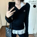 kirakiraShop レイヤード ロゴ刺繍長袖カットソー トップス カットソー ロンT シンプル ベーシック ロゴ刺繍 着回し 大人カジュアル プチプラ 春秋 伸縮 ストレッチ インナー付き レース レイヤード ブラック 着痩せ 細見え セット ト
