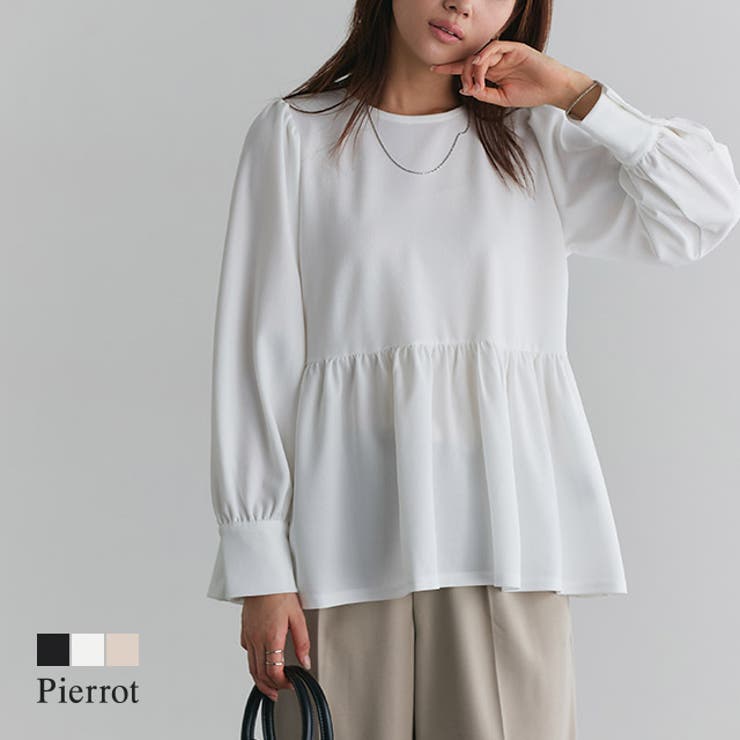 【10％OFFクーポン！7/26(日)1:59まで】Pierrot ペアスキンパフスリーブペプラムブラウス ☆ ブラウス パフスリーブ ペプラム ペアスキン パフ袖 ペプラムブラウス フェミニン 体型カバー 上品 伸縮性 ピエロ トップス