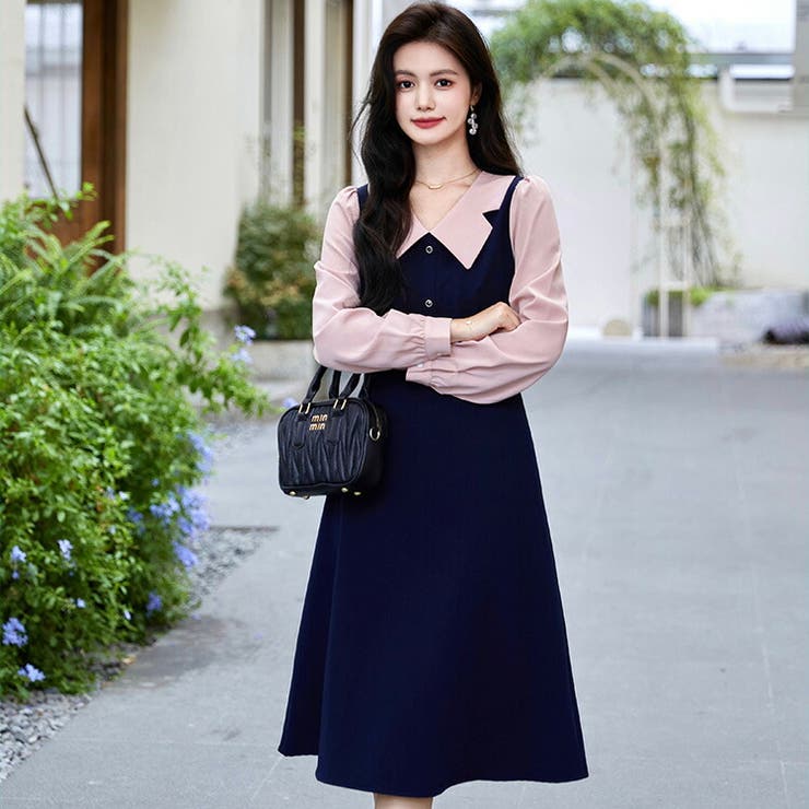 JS FASHION バイカラー 切替 ワンピース デザイン襟 ボタン付き 長袖 Aライン 大人可愛い 膝下 ミモレ丈 ガーリー きれいめ 清楚 二次会 食事会 フェミニン オフィス 体型カバー 大きいサイズ 春服 春ワンピ 春 夏 秋【hum23400