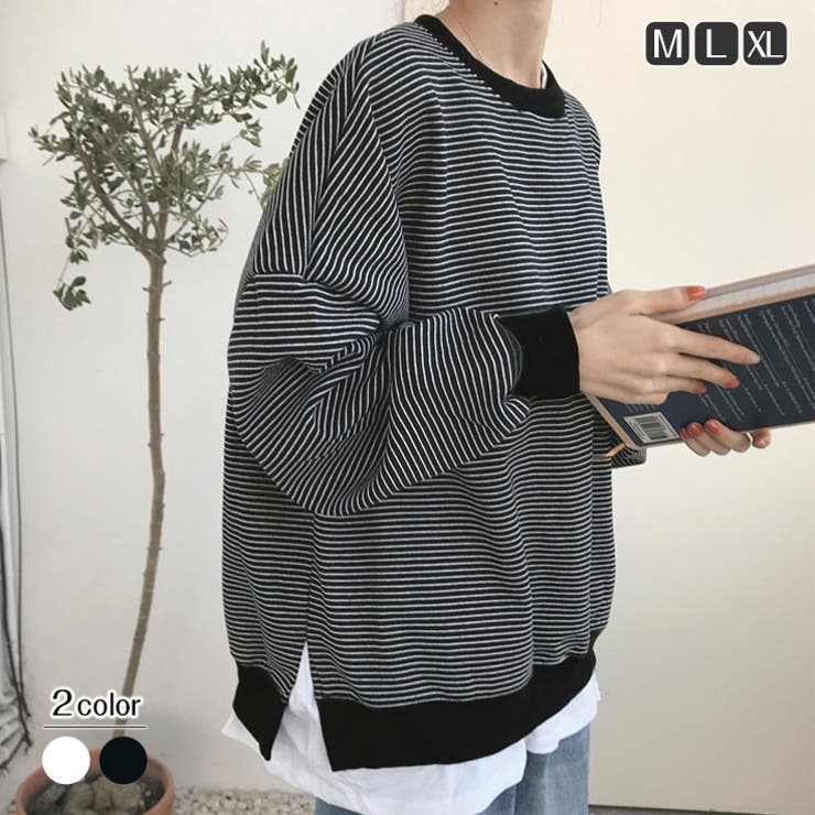 ボーダー裾フェイクレイヤード長袖カットソー レディース トップス カットソー 長袖 ボーダー柄 韓国ファッション 薄手 シンプル 無地 カジュアル ロンT 秋 春