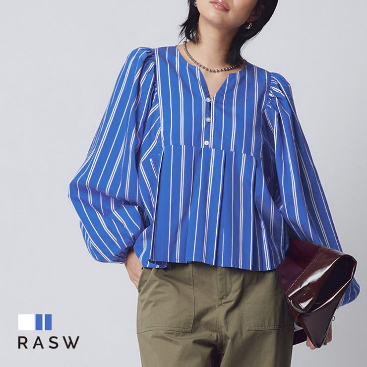 【20％OFF！1/25(日)限定】Pierrot [RASW]ボリュームスリーブプリーツブラウス ☆ ブラウス ボリュームスリーブ プリーツデザイン シェルボタン キーネックライン ピエロ トップス