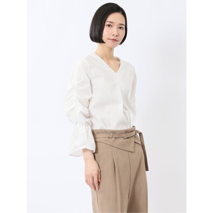 TAKA-Q WOMEN 袖ギャザー Vネック プルオーバーブラウス トップス