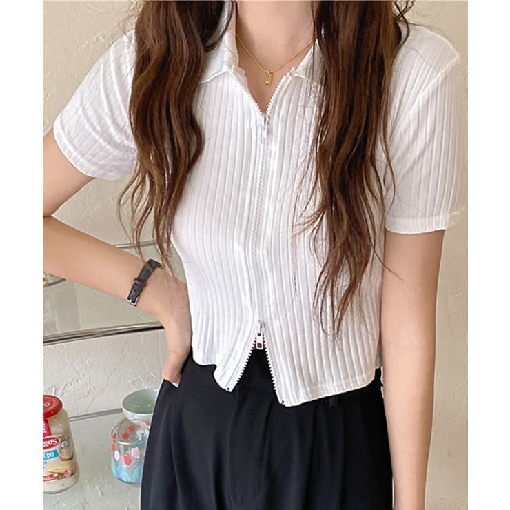 aimoha 【Jasmine】ダブルジッパー半袖Tシャツ Jasmine Grandiflorum トップス