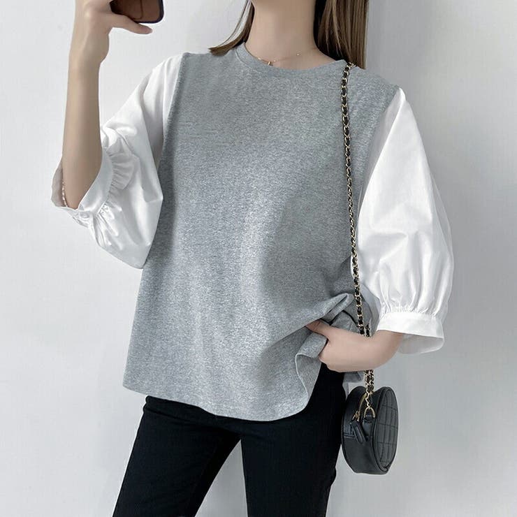 【10％OFFクーポン！9/24(木)1:59まで】レディース 切替七分丈袖 Tシャツ クルーネック ブラウス ドッキング トップス 高見え きれいめ カジュアル 華奢見せ ママコーデ 20代 30代 shoplistselect-10008613 SHOPLIST サンプル画像3