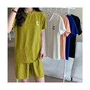Tシャツ&イージーパンツ 夏服上下セット レディース 半袖カジュアルスポーツウェア セット ウエストゴム 半袖Tシャツ ルームウェア 短パン フィットネス 可愛...