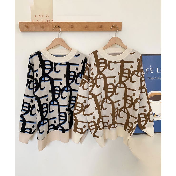 ジャガード柄ニットトップス 長袖 韓国 秋 冬 総柄 ニットプルオーバー レディース ニットソー カジュアル 体型カバー ゆるシルエット リブニットセーター