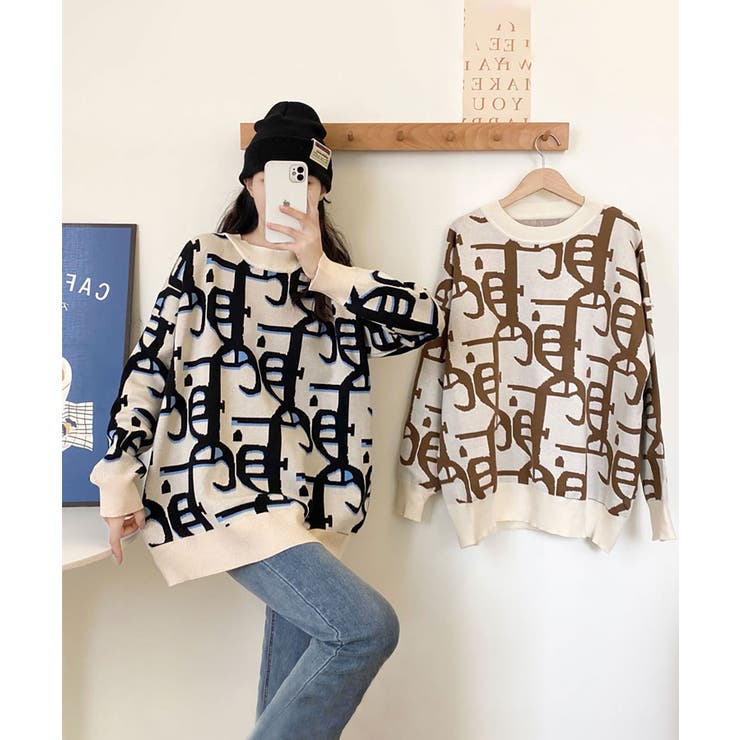 ジャガード柄ニットトップス 長袖 韓国 秋 冬 総柄 ニットプルオーバー レディース ニットソー カジュアル 体型カバー ゆるシルエット リブニットセーター