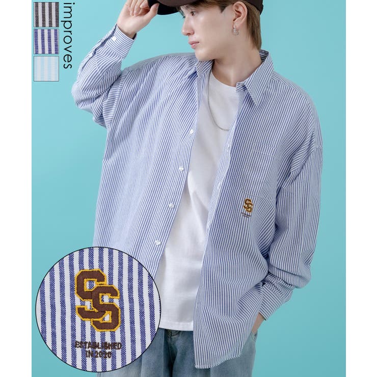 【10％OFFクーポン！2/10(火)1:59まで】improves 長袖シャツ メンズ サイドウェイスタンス ワンポイント ストライプシャツ 大きめ アメカジ カジュアル スケーター ストリート 古着MIX 韓国 トップス