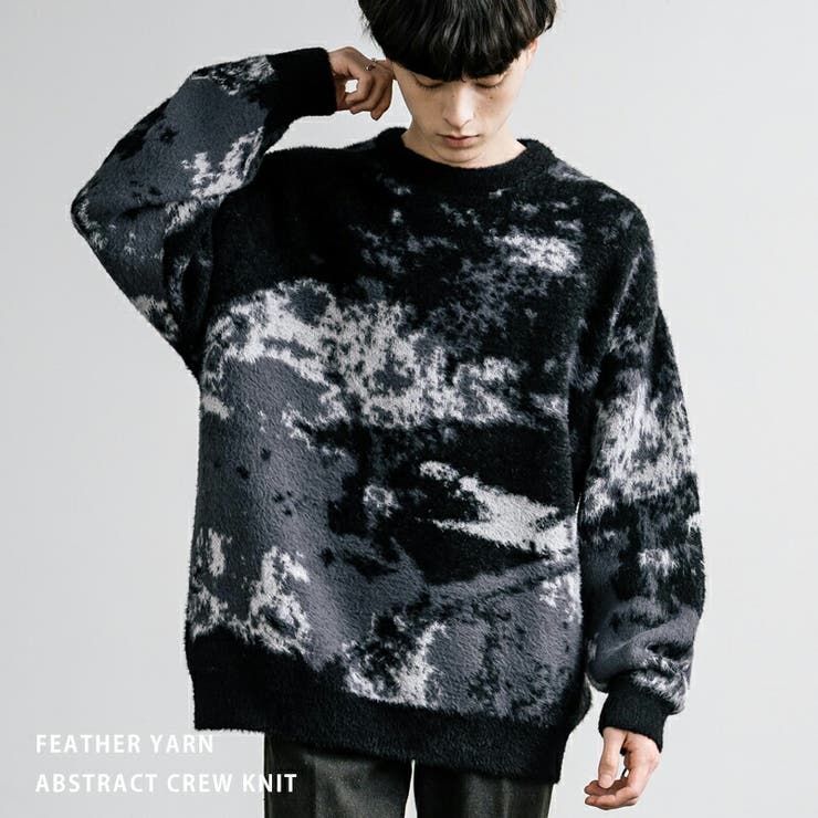 Rocky Monroe クルーネックニット フェザーヤーン 総柄 セーター メンズ レディース 長袖 オーバーサイズ ビッグシルエット ルーズ ゆったり ふわ...