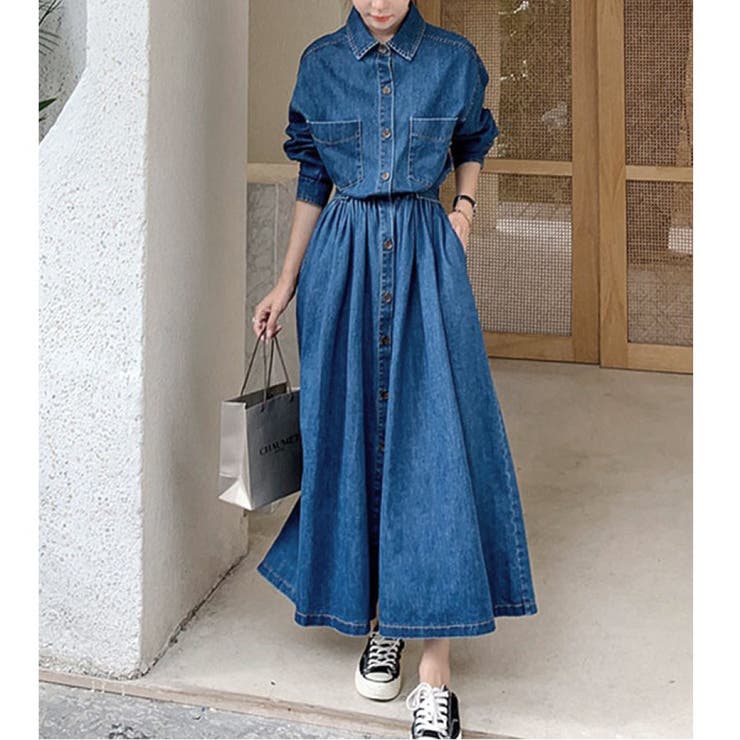 privatebeach 【新色追加】ウエストマークデニムシャツロングワンピース ワンピース・ドレス