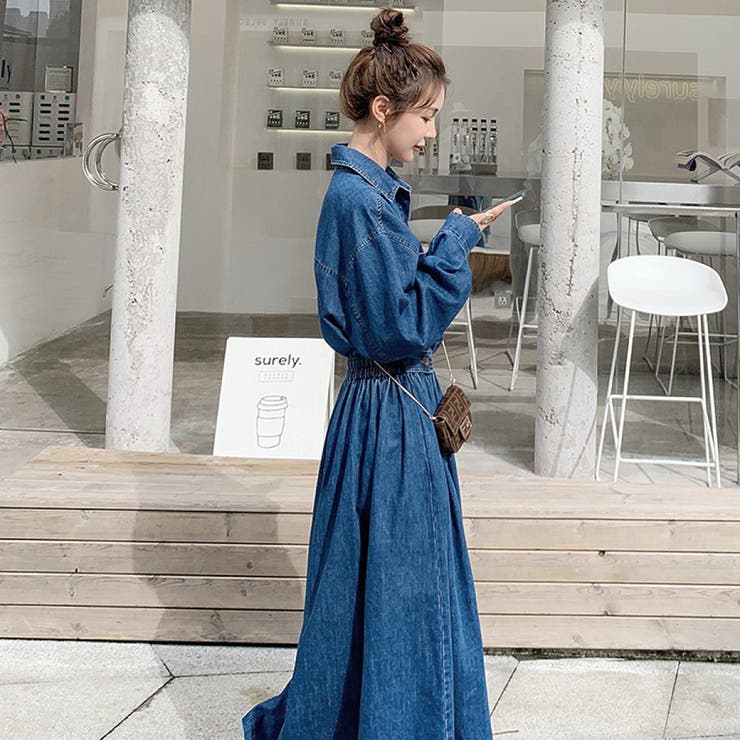 privatebeach 【新色追加】ウエストマークデニムシャツロングワンピース ワンピース・ドレス