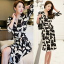 JS FASHION ワンピース タイトワンピ カシュクール ラップワンピース 柄ワンピ 7分袖 総柄 パーティードレス 黒 タイト ワンピース ミディアム丈 ...