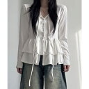 VIVID LADY フリル tシャツ カットソー 長袖 かわいい 紐 リボン ボタン 韓国ファッション 韓国 大人カジュアル 綿混 チュニック ストリート ロンT 大人可愛い ブラウスライク トップス
