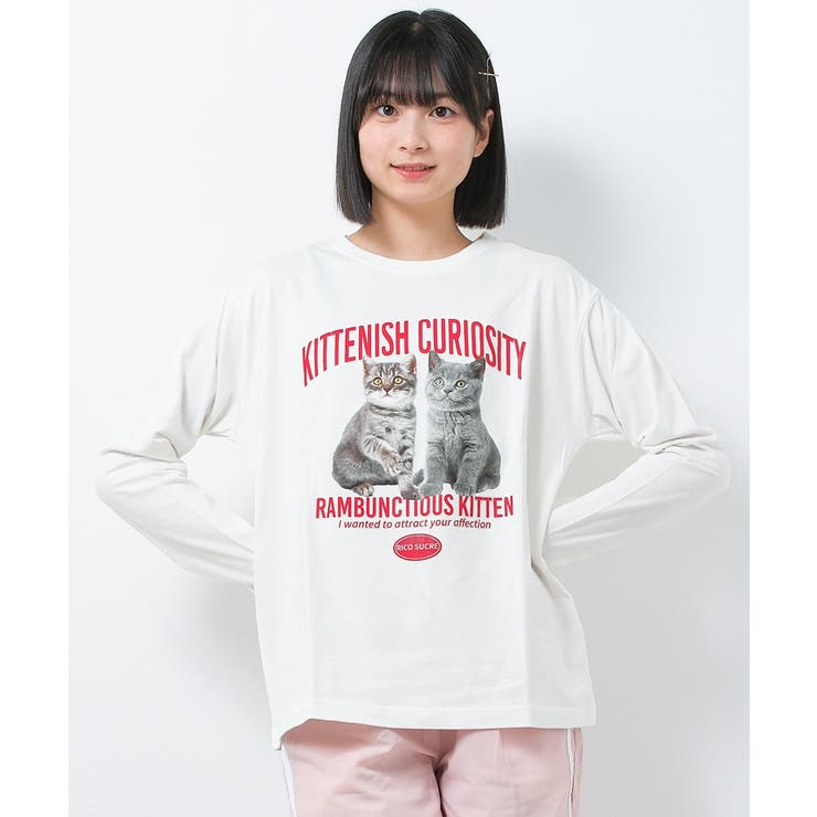 子ども服 SHUSHU 猫転写プリントロングTシャツ トップス ロンT 長袖 ゆったり 子供服 女の子 小学生 中学生 ファッション ガールズ キッズ ジュニア 韓国子供服 大人っぽい ダンス 130cm 140cm 150cm 160cm 165cm