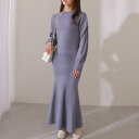 【5%OFFクーポン 9/11 1:59まで】レースレディース プチハイネック ギャザー袖 マーメイド ニット ワンピース 女性 レディース トップス スカート ドレス セーター 秋 冬 春 モノグラム ハイウエスト ウエストシェイプ エレガント リッチ
