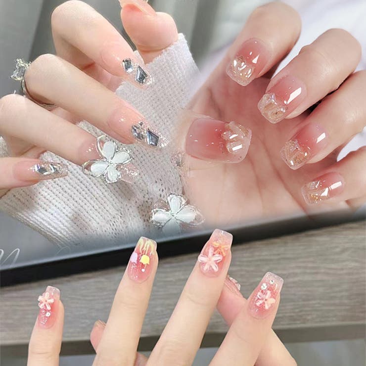 【10%OFFクーポン!11/27(木)1:59まで】レースレディース 3D アート付き クリアカラー ネイルチップ セット 女性 レディース 爪 アート ジェ...