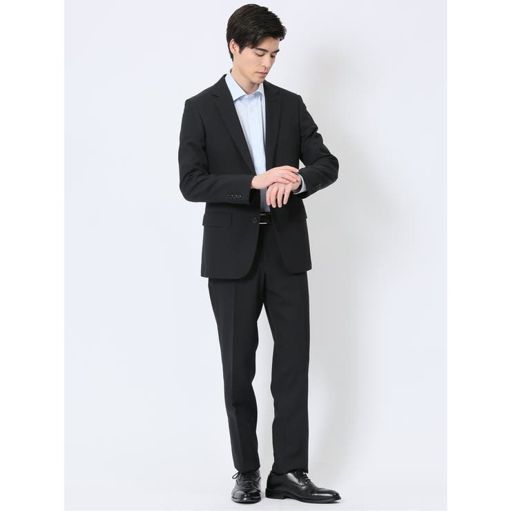 TAKA-Q MEN ストレッチウォッシャブル スリムフィット 2ボタン2ピーススーツ ジオメトリック黒 スーツ