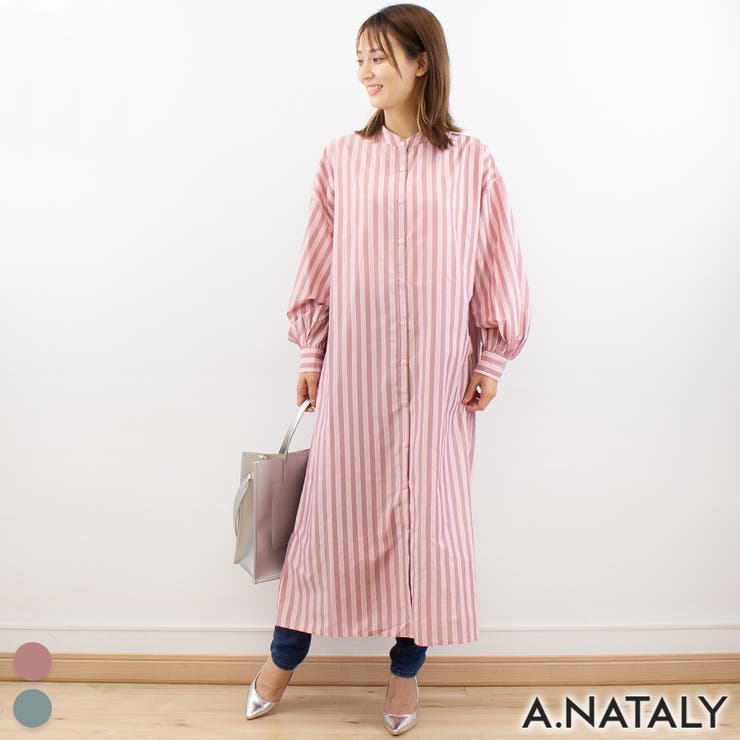 【10％OFFクーポン！3/26(木)1:59まで】A.NATALY マルチストライプバンドカラーシャツワンピース ワンピース・ドレス