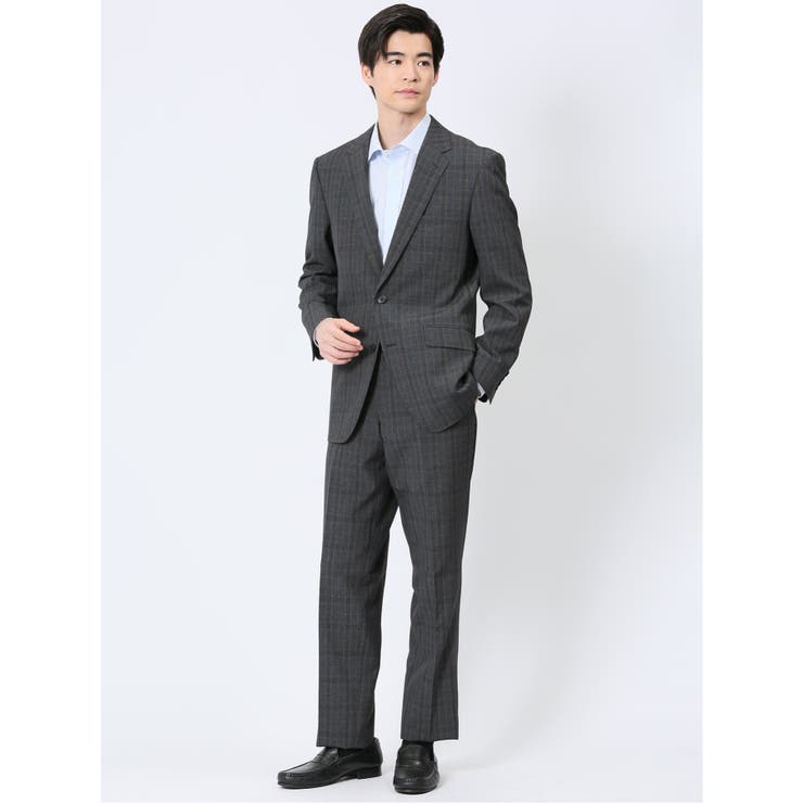 【10%OFFクーポン!11/27(木)1:59まで】TAKA-Q MEN ストレッチウォッシャブル レギュラーフィット 2ボタン2ピーススーツ チェックグレー...