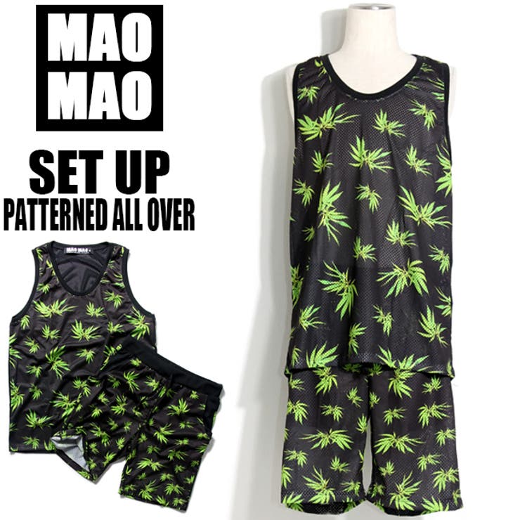 【10%OFFクーポン!11/27(木)1:59まで】T-LINK MaoMao ストリート メッシュ バスケ 上下 セットアップ メンズ マリファナ柄 グリー...