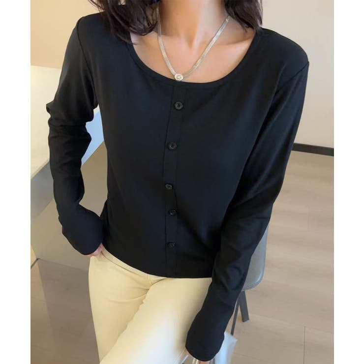 aimoha ボタンデザインシンプルラウンドネック長袖トップス トップス