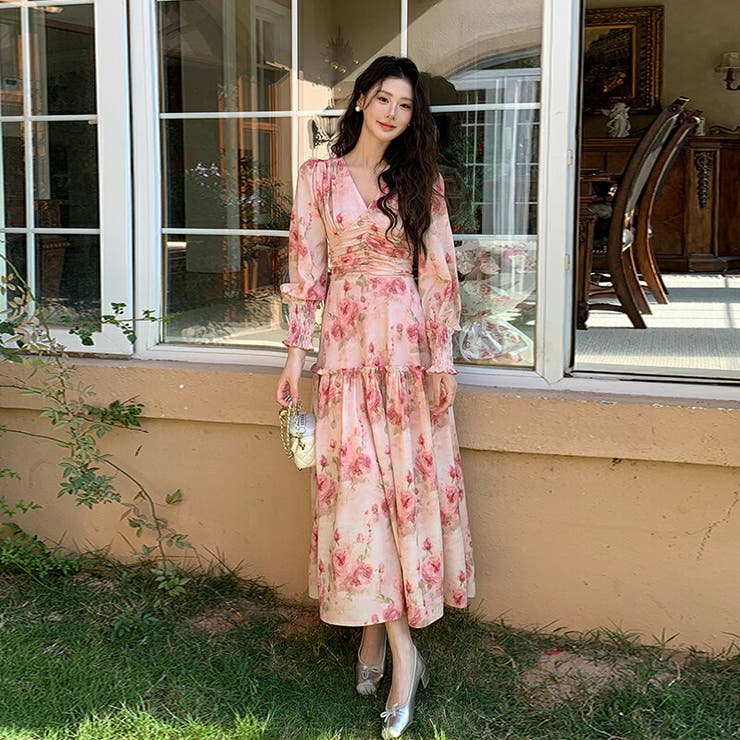 JS FASHION 花柄 ワンピース ピンク色 バラー プリントシフォンワンピース お呼ばれドレス フレアワンピ ライン ロング丈 スタイル Vネック 長袖 丈 カクテルドレス きれいめ おしゃれ 上品 大きいサイズ 結婚式 二次会 春 夏 秋 S M