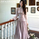 【8/11まで5%OFFクーポン】JS FASHION ロングワンピース パーティードレス お呼ばれドレス Aライン 光沢感 ラメ プリンセススタイル パールネック 長袖 ロング丈 ハイウェスト シャーリング きれいめ 上品 エレガント 大きいサイズ 結