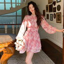 JS FASHION 小花柄 ワンピース ティアード お呼ばれドレス パール施し Aライン ピンク ハイネック 長袖 ショート丈 カクテルドレス きれいめ おしゃれ かっこいい 大きいサイズ さくら お花見 二次会 披露宴 春 夏 S M L XLサイズ