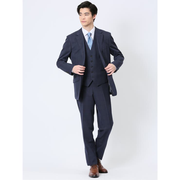 TAKA-Q MEN ストレッチウォッシャブル レギュラーフィット 2ボタン3ピーススーツ ウィンドペン紺 スーツ