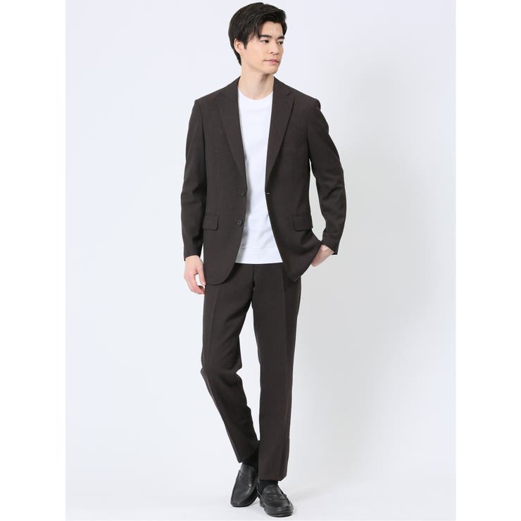 【10%OFFクーポン!11/27(木)1:59まで】TAKA-Q MEN 軽量メッシュ レギュラーフィット 2ボタン2ピーススーツ チェックこげ茶 スーツ