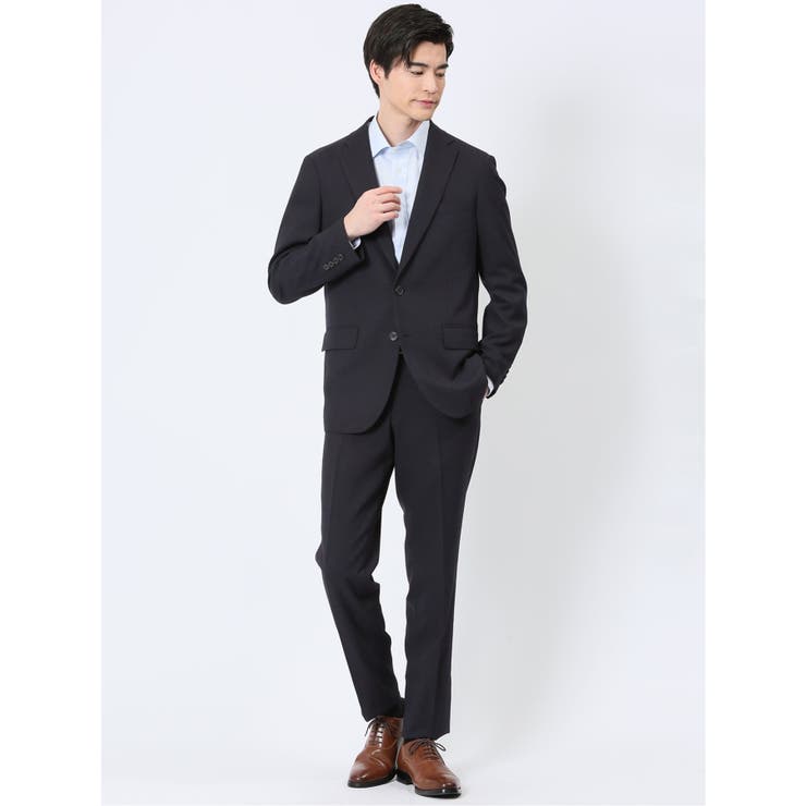 【10%OFFクーポン!11/27(木)1:59まで】TAKA-Q MEN 軽量メッシュ レギュラーフィット 2ボタン2ピーススーツ チェック紺 スーツ