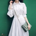 【5/15限定 15%OFFクーポン】shoppinggo シャツワンピース 白 ロング ワンピース レディース シャツトップス ロングシャツ ボリューム袖 V...
