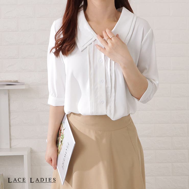 V-Neck - 【10％OFFクーポン！5/16(土)1:59まで】レースレディース 深Vネックピンタック5分袖ブラウス 女性 レディース トップス 春 夏 秋 ロングシーズン 上品 着回し ベーシック シンプル ジャケット インナー 冠婚葬祭 ドレス オフィス セレモ