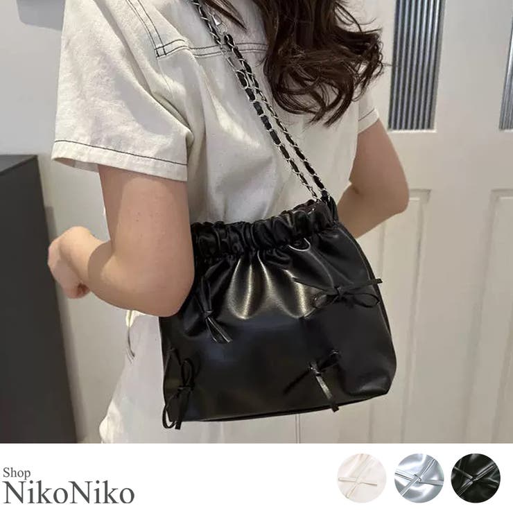 ShopNikoNiko 春新作 ミニリボン PUレザー 巾着型チェーンバッグ韓国バッグ 韓国ガーリー バレエコア グランジファッション 鞄 カバン かばん ハンドバッグ 肩掛けバッグ リボン 合皮 合成皮革 レディース 韓国 Y2Kファッション 流行り