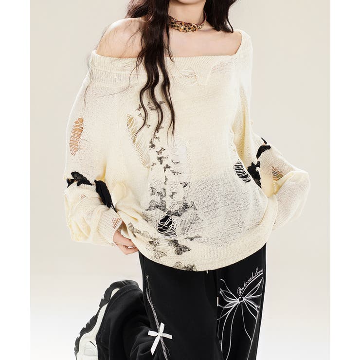 HOOK 【HOOK】for girls ダメージデザインスプラッシュプリントニットトップス トップス