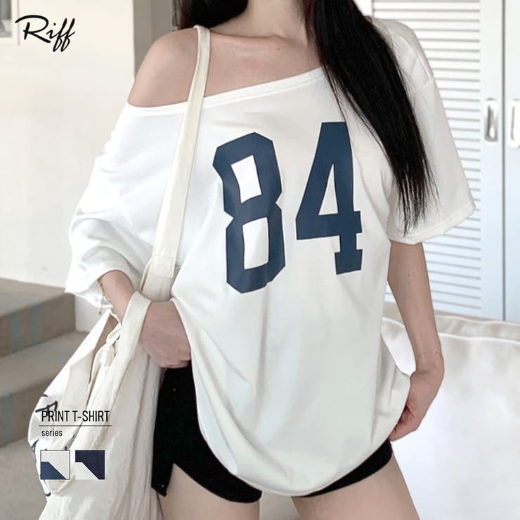Riff ワンショルダーナンバリングトップス Tシャツ ロゴ オーバーサイズ ビッグサイズ 大きいサイズ ゆったり チュニック カットソー プルオーバー トップス 半袖 無地 ホワイト ネイビー フリーサイズ 春 春服 夏 夏服 秋 秋服 トップス
