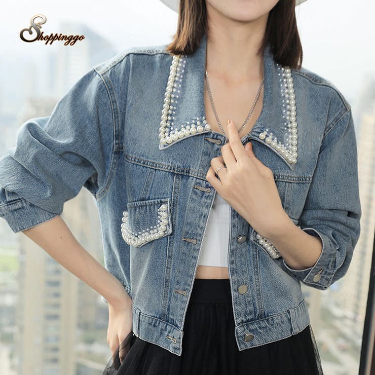 shoppinggo デニムジャケット アウター ジージャン Gジャン フェイクパール ジャケット カラーネック 長袖 ショート丈 デニム ガーリー単色 春 秋 韓国ファッション アウター(コート・ジャケットなど)