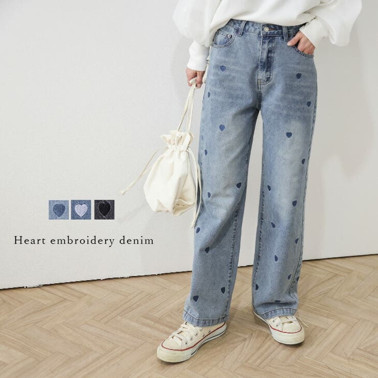 La-gemme デニム ハート刺繍 ジーンズ ストレート カジュアル ボトムス 大人可愛い レディース おすすめ おしゃれ 2024秋冬新作 【abtss24-159】 パンツ・ズボンのサムネイル