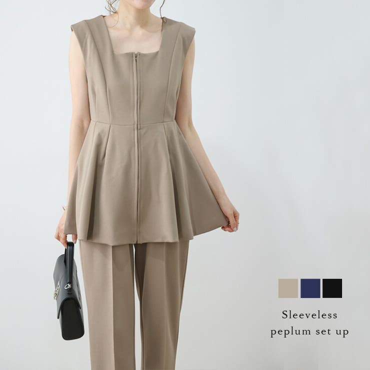 SUGAR BISKET ペプラム セットアップ ノースリーブ センタープレスパンツ ファスナー スクエアネック ..