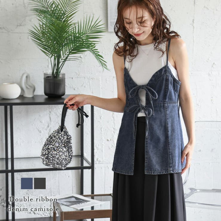 SUGAR BISKET リボン デニムキャミソール ウォッシュ加工 ペプラム スタイルアップ レイヤード トップ..