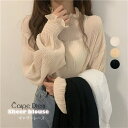 【マラソン期間中 5%OFFクーポン】Carpe diem シアーブラウス フリルトップス シフォンブラウス シャーリングタートルネック 透け感ブラウスギャザーシアーブラウス おしゃれ 肌隠し 透け感 無地 長袖 シースルー フリル 大人 かわいい きれ
