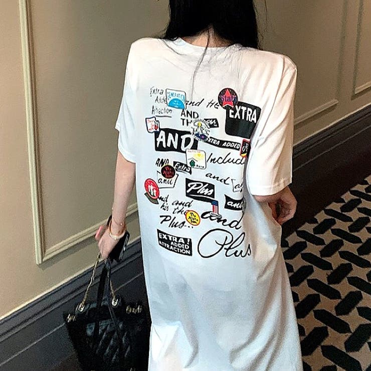 SHEENA MIXロゴプリントTシャツワンピース　春　夏　秋　半袖　Tシャツワンピ　トップス　夏服　ゆったり　大きめ　体型カバー　カジュアル　大人カジュアル　ストリート　スポーティー　韓国　韓国ファッション　シンプル　トレンド　主婦　学生　 ワンピー