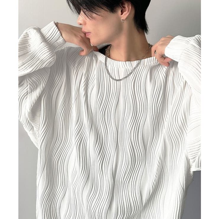 【10％OFFクーポン！11/27(木)1:59まで】Classical Elf Men ゆるさとスタイリッシュを両立。オーバーサイズウェーブ柄ジャガード長袖Tシャツ トップス