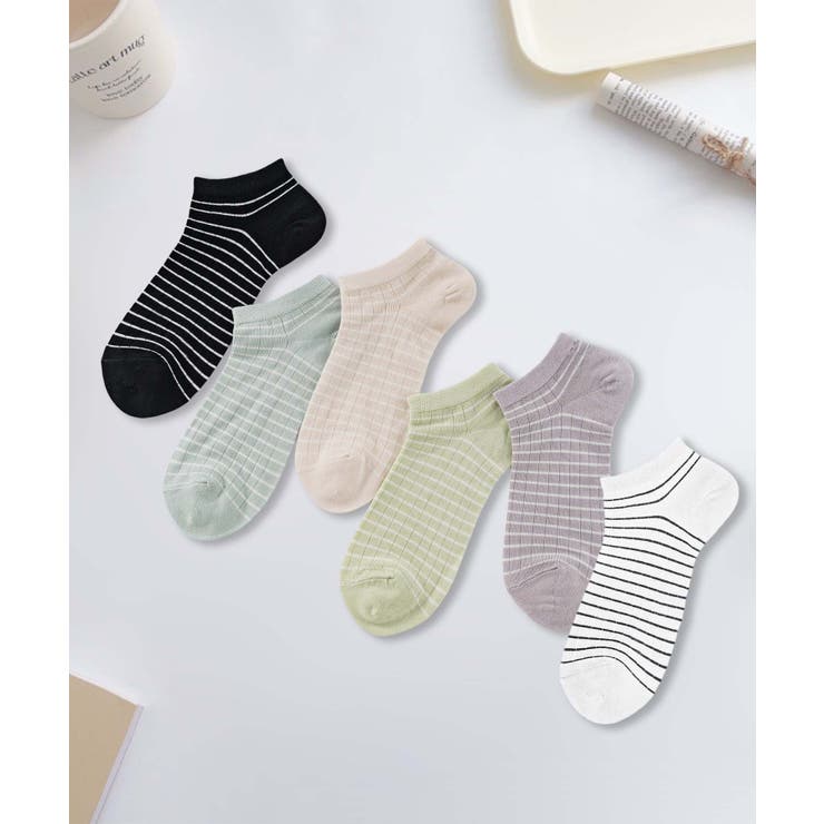 aimoha 6足セット【MOSOX】シルク混細ボーダーアンクルソックス インナー・下着