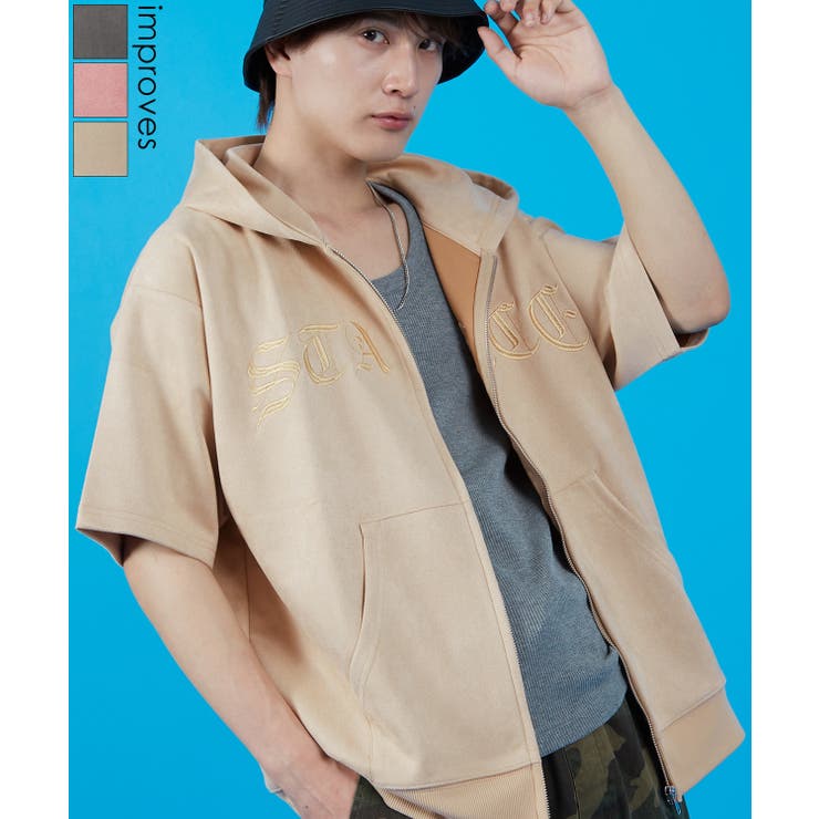 【ポイント2倍＆クーポン！3/11(水) 1:59まで】improves パーカー メンズ SIDEWAY STANCE サイドウェイスタンス スエードポンチ 半袖ジップパーカー アメカジ カジュアル スケーター ストリート 古着MIX 韓国 トップ