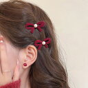 【7/11 1:59まで 5%OFFクーポン】JS FASHION ベロアリボン ヘアピン 全2色 ヘアクリップ パールビジュー 小さめ 小さいリボン 普段使い...