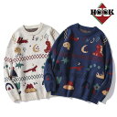 HOOK 【HOOK】ユニセックス かわいい恐竜イラストニット風スウェット ニット メンズ セーター 恐竜 カップル ペアルック お揃い 服 冬 秋 ビッグシル...