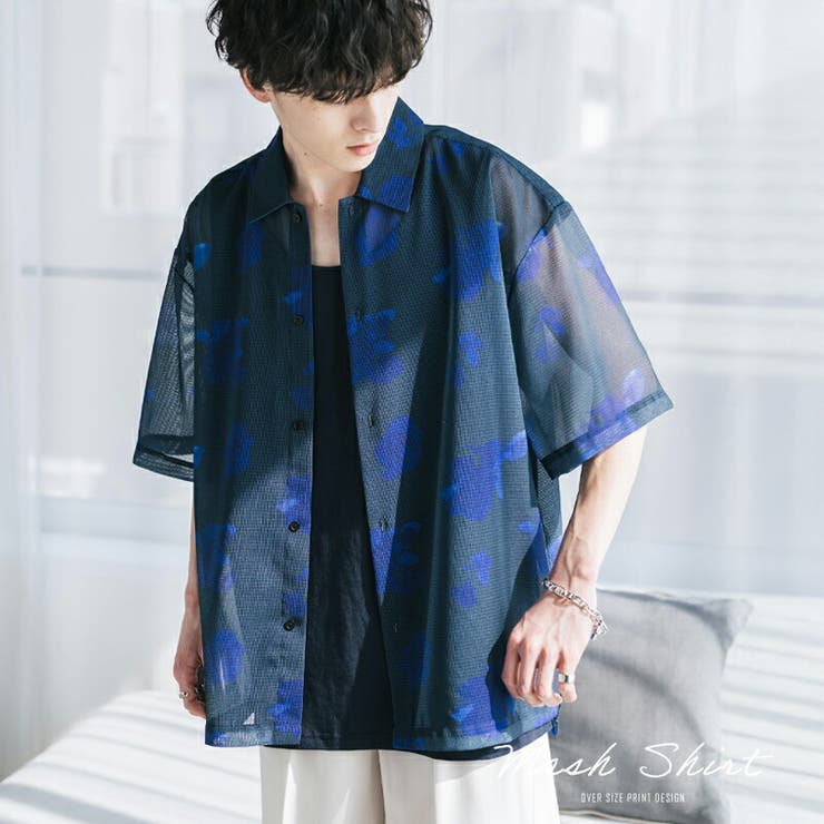 Rocky Monroe 半袖カジュアルシャツ メッシュ 総柄 メンズ レディース シアーシャツ プリントシャツ レギュラーカラー ビッグシルエット オーバーサ...